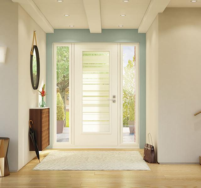 White residential front door with double sidelites
